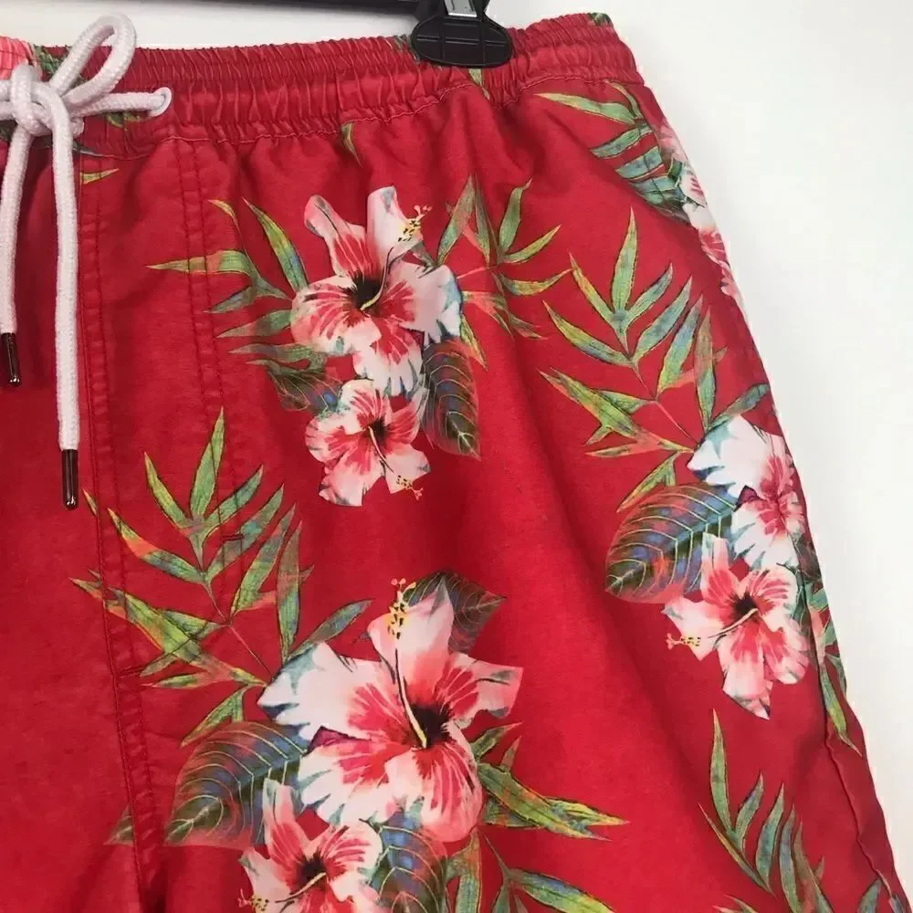 21 Men Red Hibiscus Floral Tropical Swim Trunks
